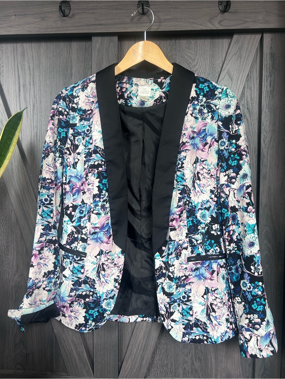 LC Lauren Conrad Black Floral Blazer with Teal & Lavender Accents